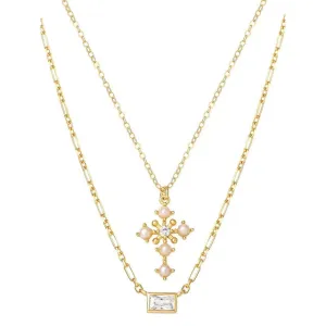 JS Jessica Simpson Gold Plated Sterling Silver CZ and Pearl Cross Layering Necklace Set
