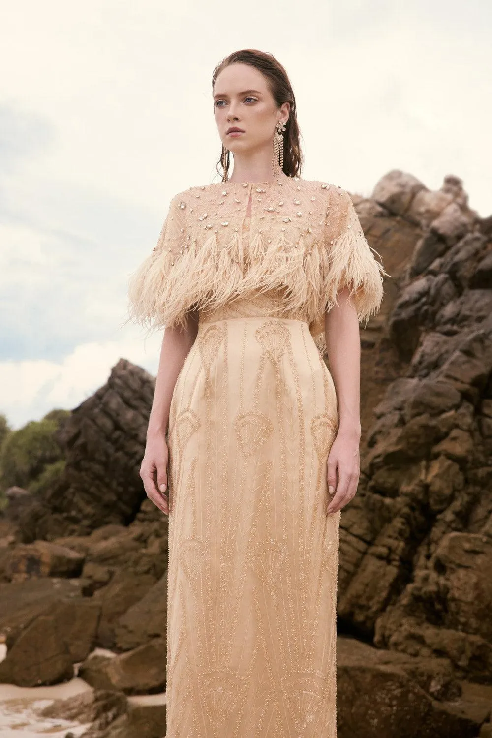 Kensy Cropped Feather Mesh Lace Cape