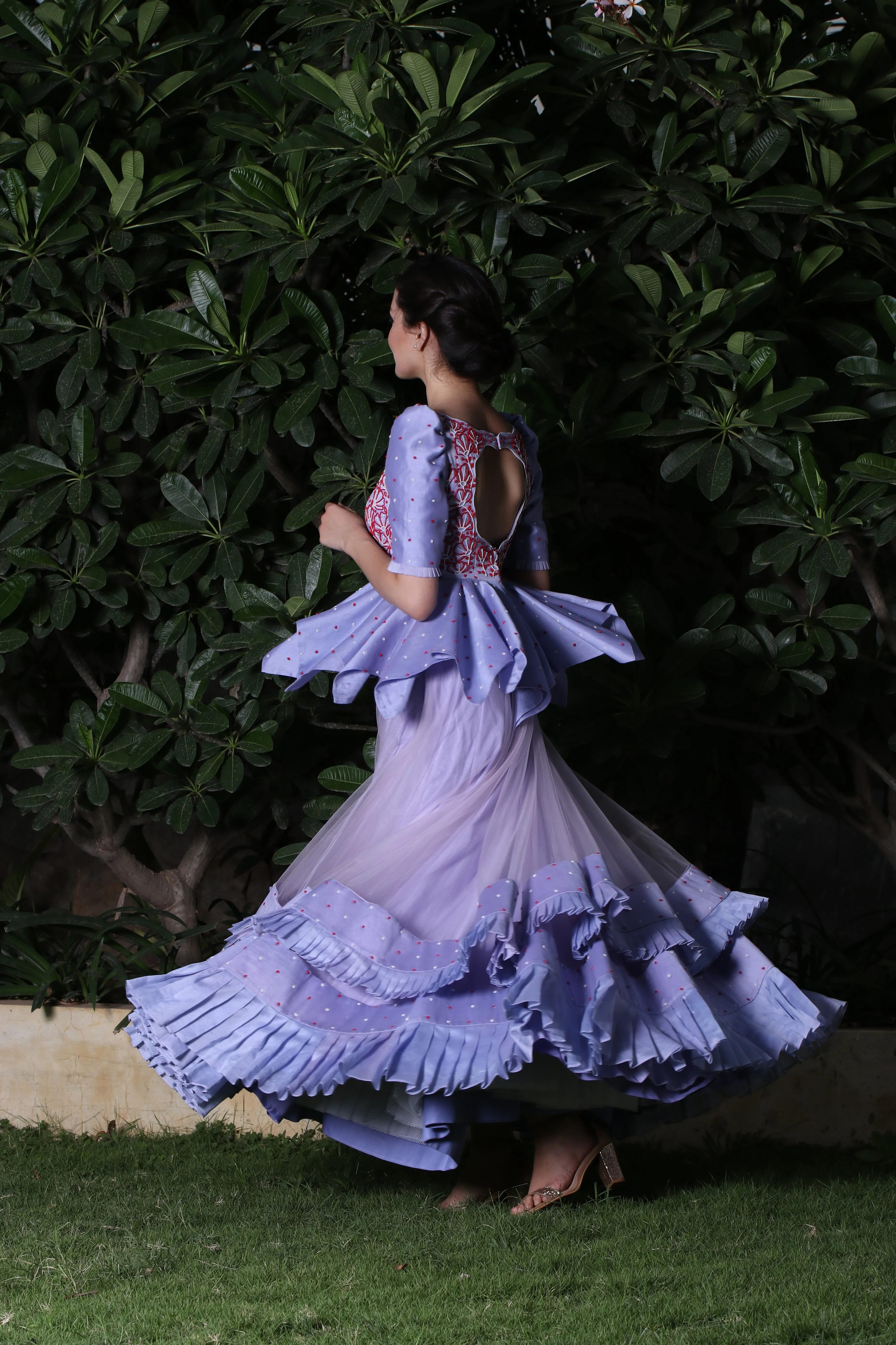 Lavender Layered Pleated Skirt With Handkerchief Top