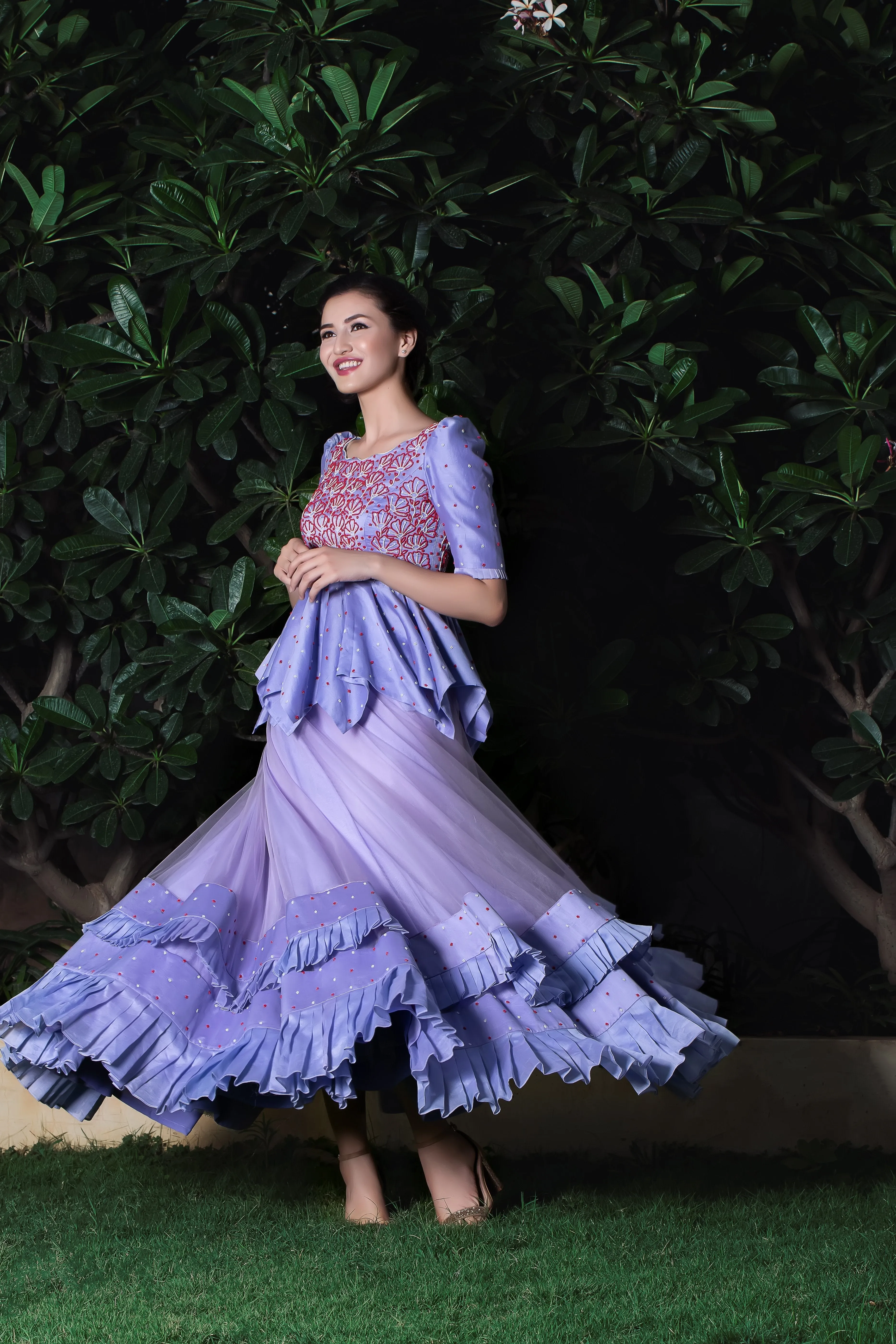 Lavender Layered Pleated Skirt With Handkerchief Top