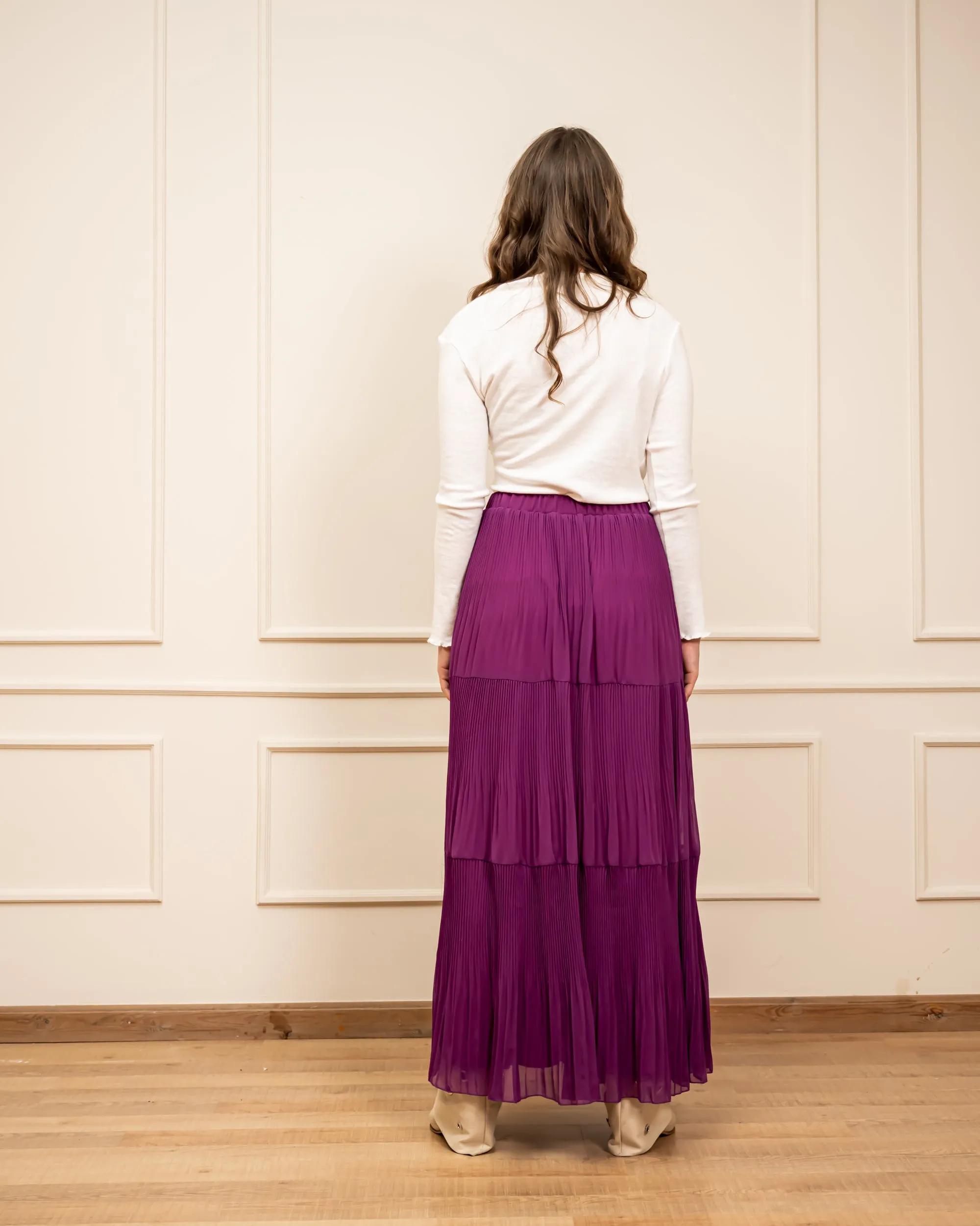 LAYERED CHIFFON PLISSE SKIRT-Burgundy