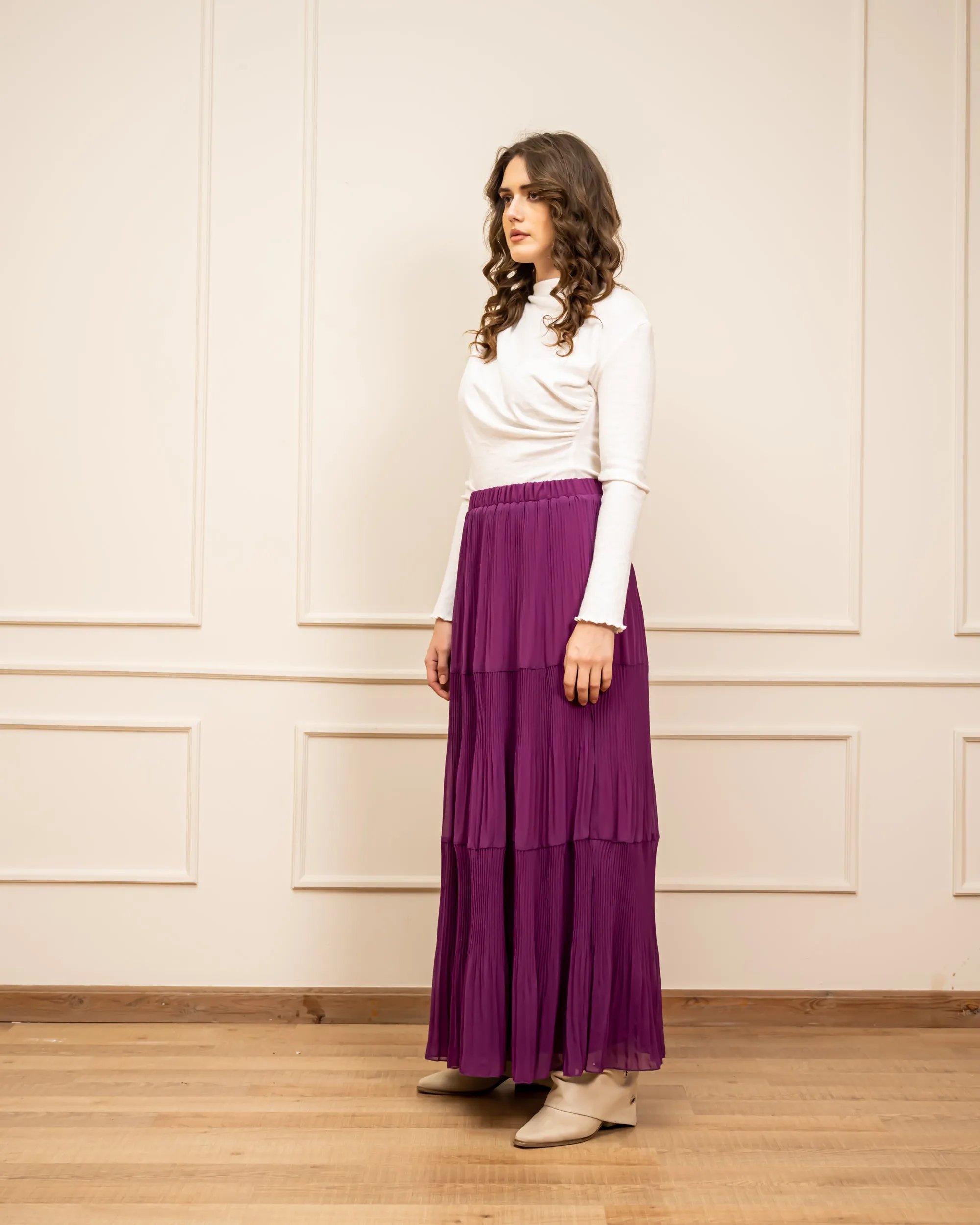 LAYERED CHIFFON PLISSE SKIRT-Burgundy