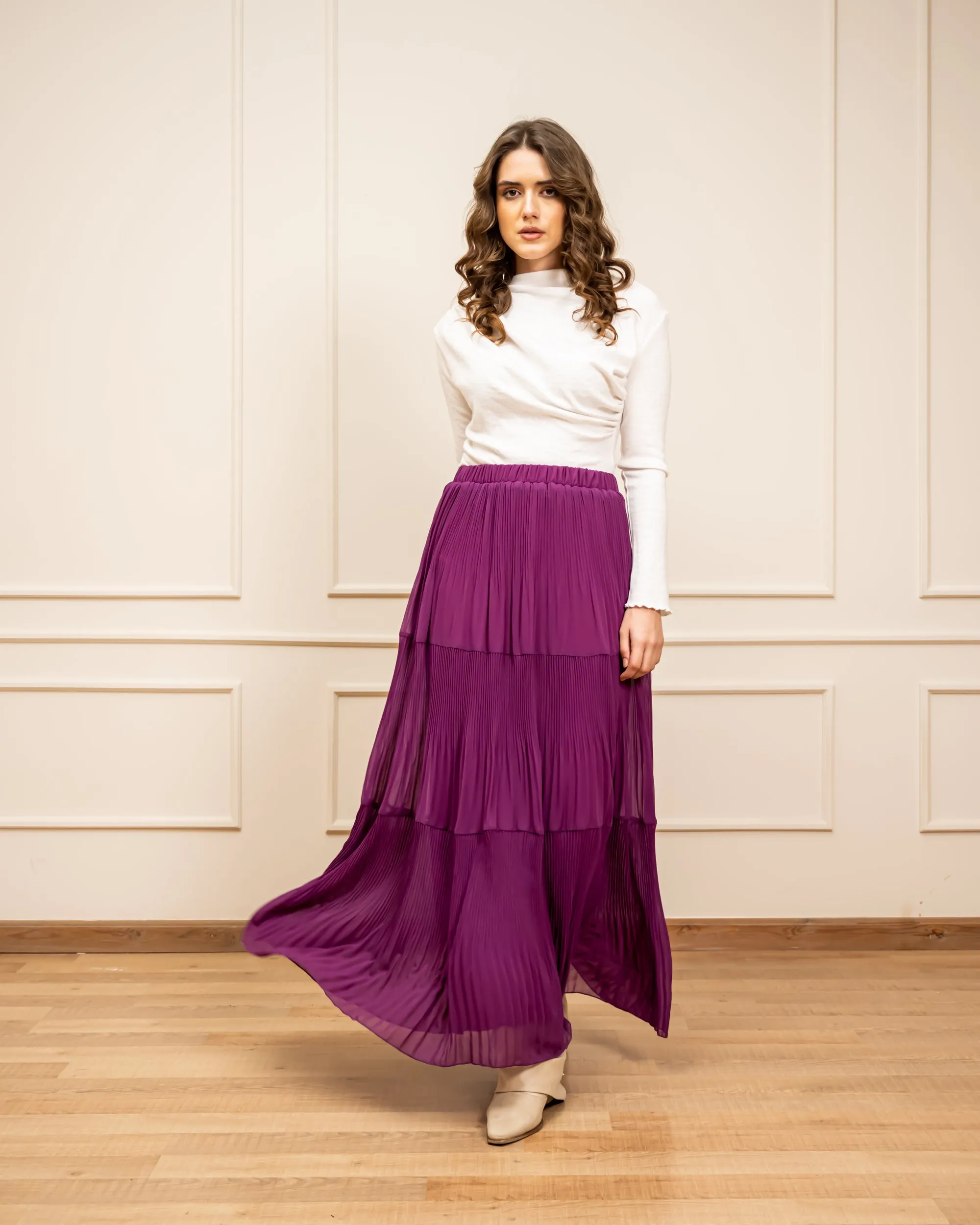 LAYERED CHIFFON PLISSE SKIRT-Burgundy