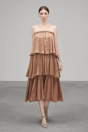 Layla Layered Illusion Neck Crinkle Silk Calf Length Dress