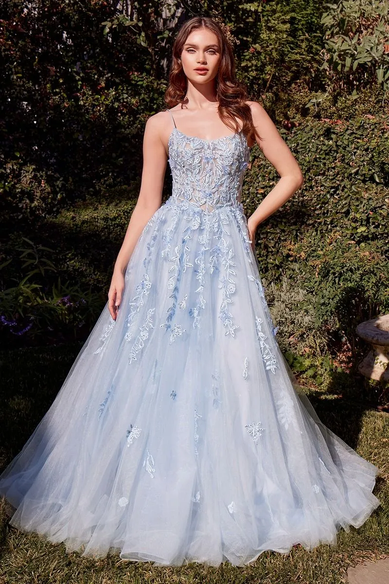 Light Blue Leaf Motif Appliqued A-Line Dress