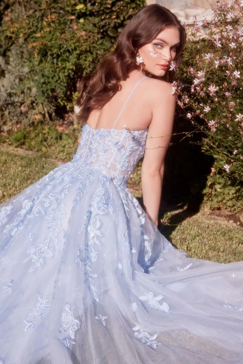 Light Blue Leaf Motif Appliqued A-Line Dress