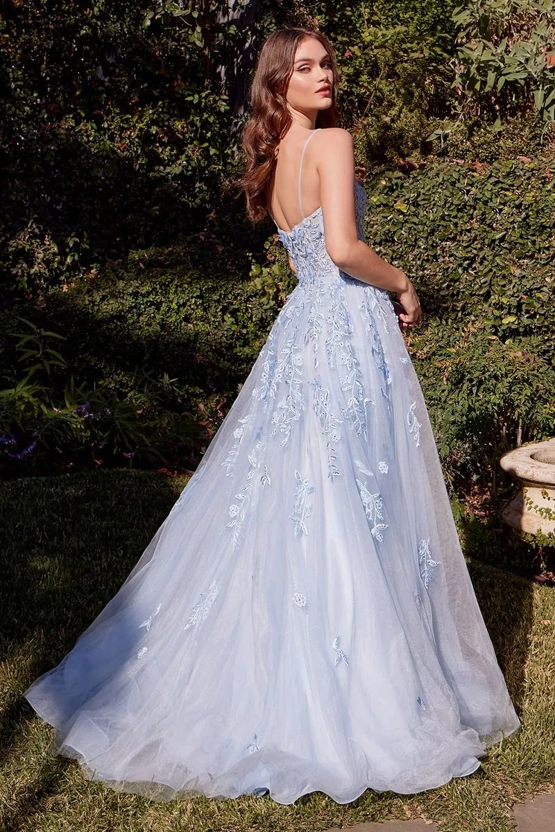 Light Blue Leaf Motif Appliqued A-Line Dress