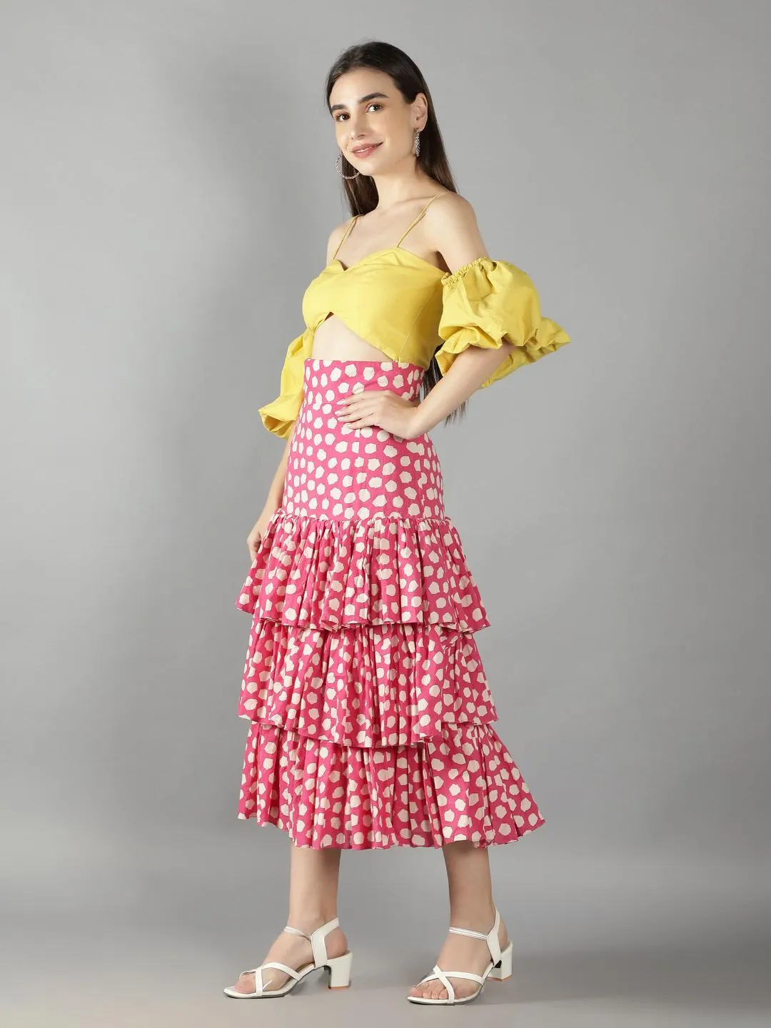 Lime Yellow Off Shoulder Top With Retro Pink Polka Dots Layered Skirt
