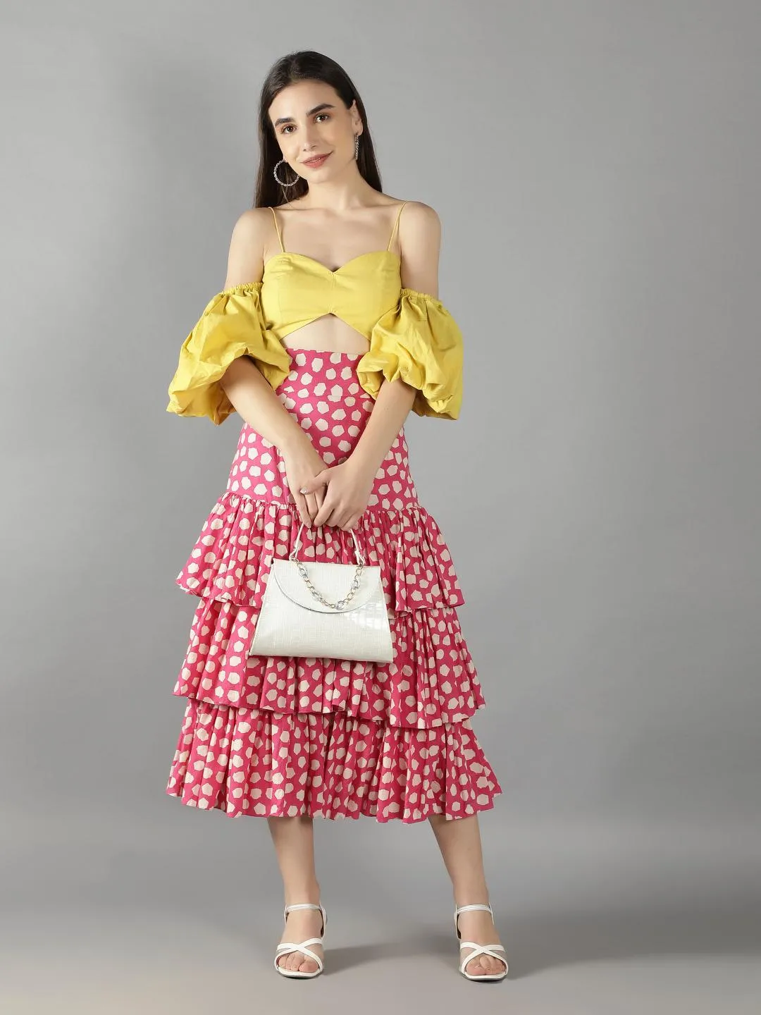 Lime Yellow Off Shoulder Top With Retro Pink Polka Dots Layered Skirt