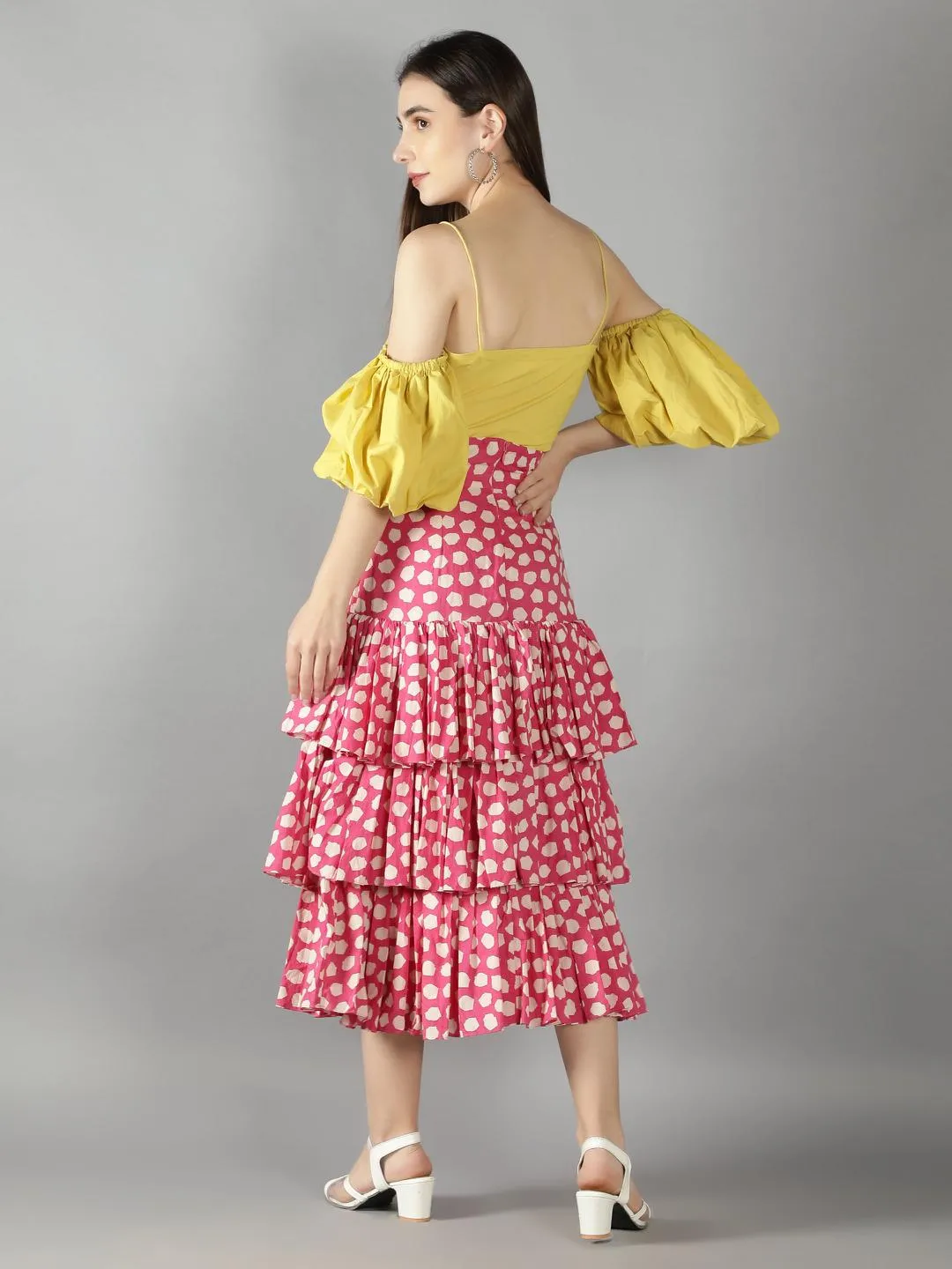 Lime Yellow Off Shoulder Top With Retro Pink Polka Dots Layered Skirt