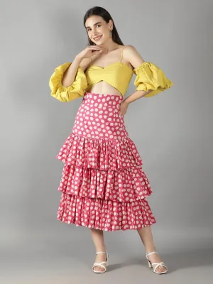 Lime Yellow Off Shoulder Top With Retro Pink Polka Dots Layered Skirt