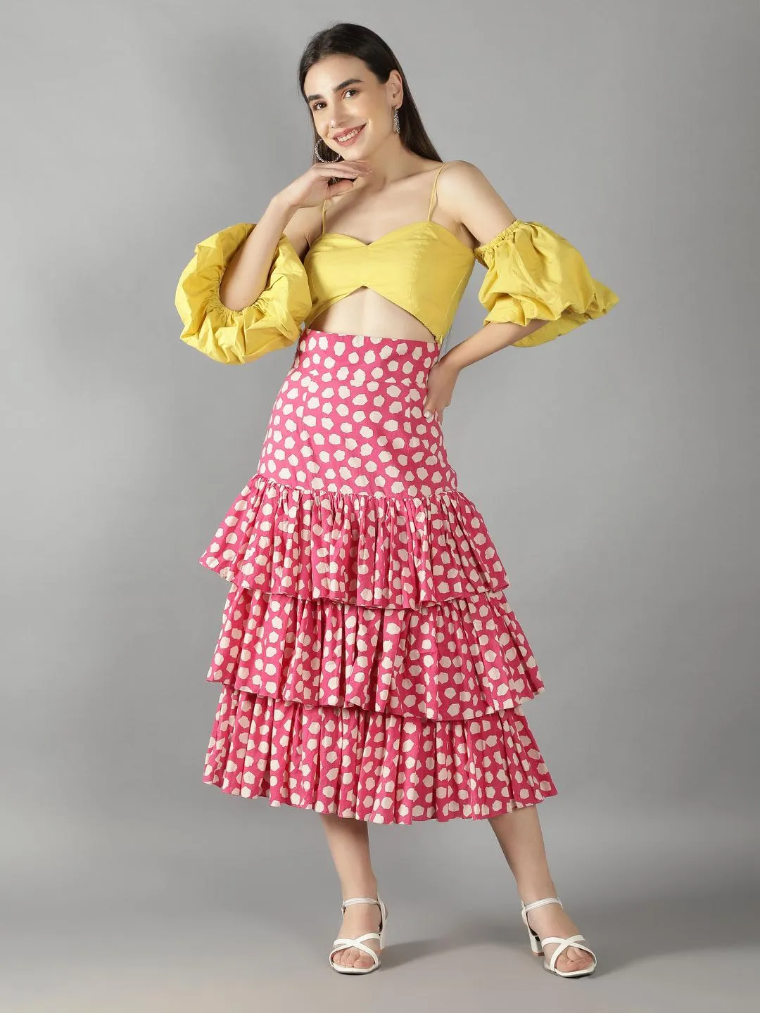 Lime Yellow Off Shoulder Top With Retro Pink Polka Dots Layered Skirt