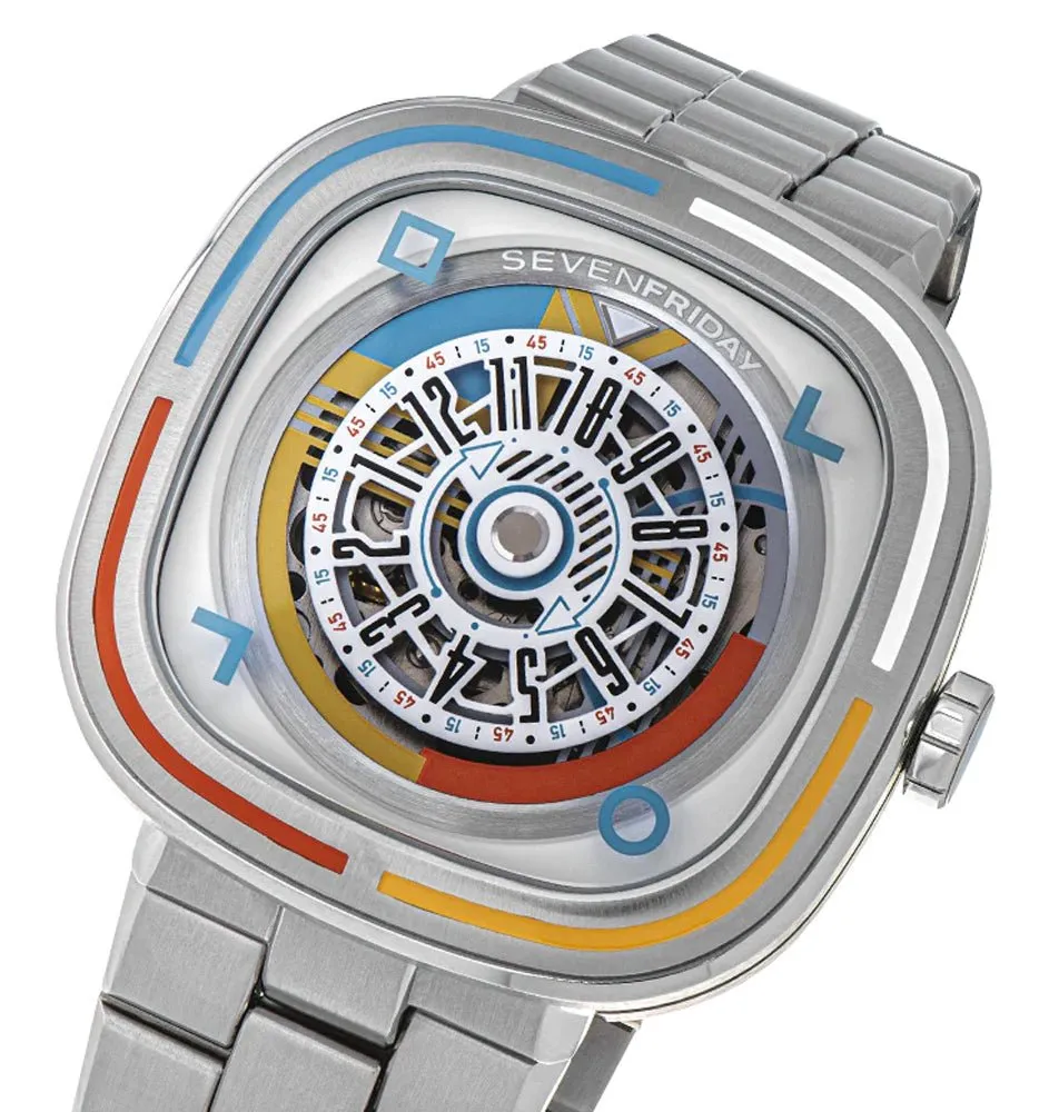 Limited Edition SEVENFRIDAY T-Series Bauhaus Inspired Automatic Stainless Steel White Skeleton Dial Mens Watch T1/08