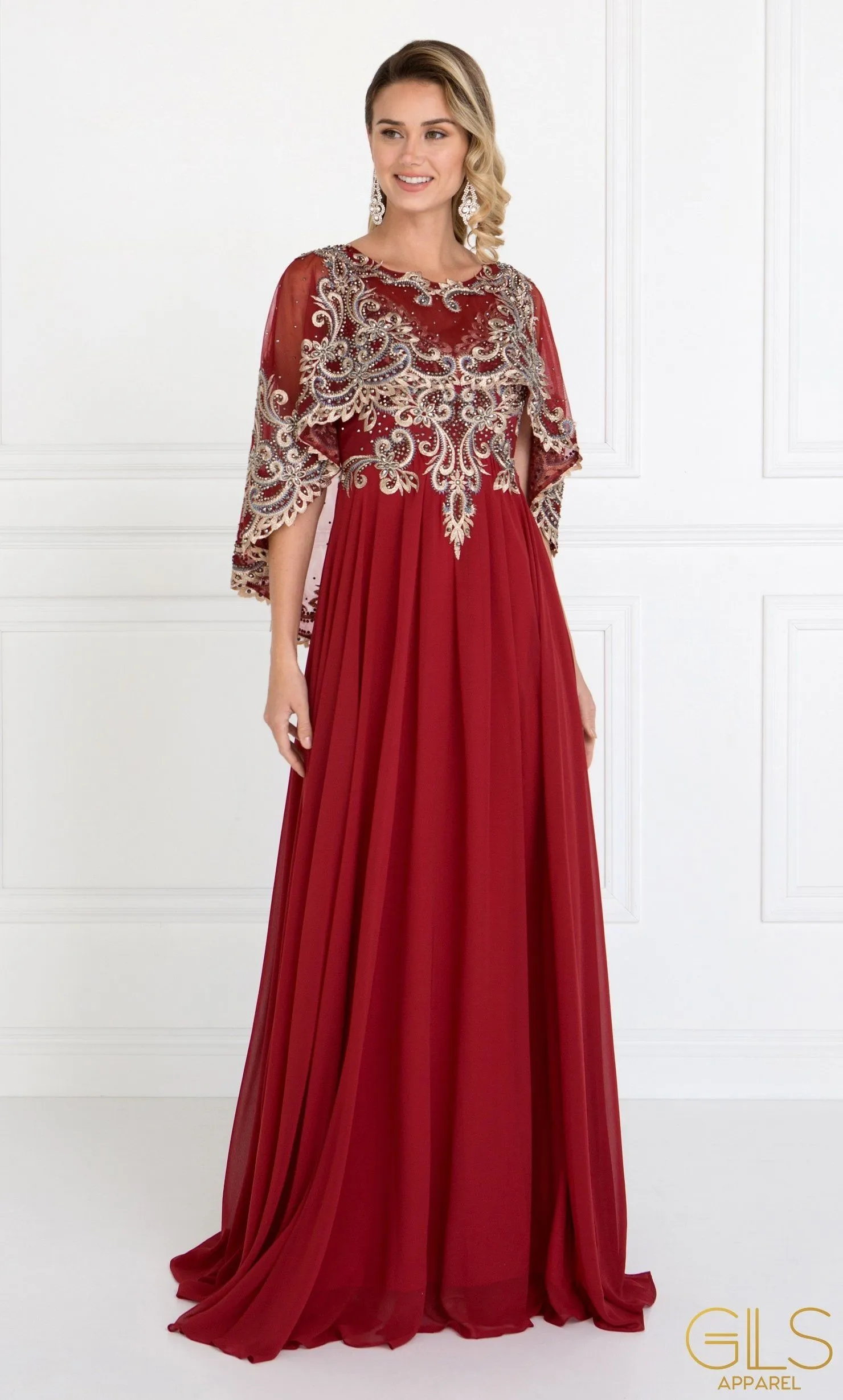 Long Embroidered Cape Dress by Elizabeth K GL1527
