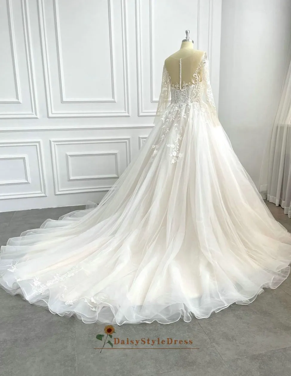 Long Sleeve Plus Size Nude Wedding Dress
