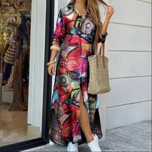 Long Sleeve Shirt Dress Printed OL Long Dress 3XL B-93849