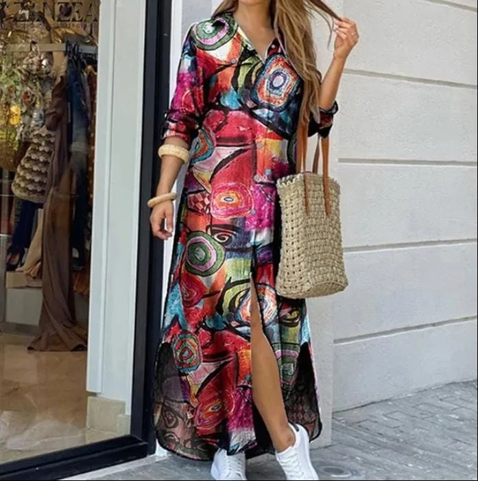 Long Sleeve Shirt Dress Printed OL Long Dress 3XL B-93849