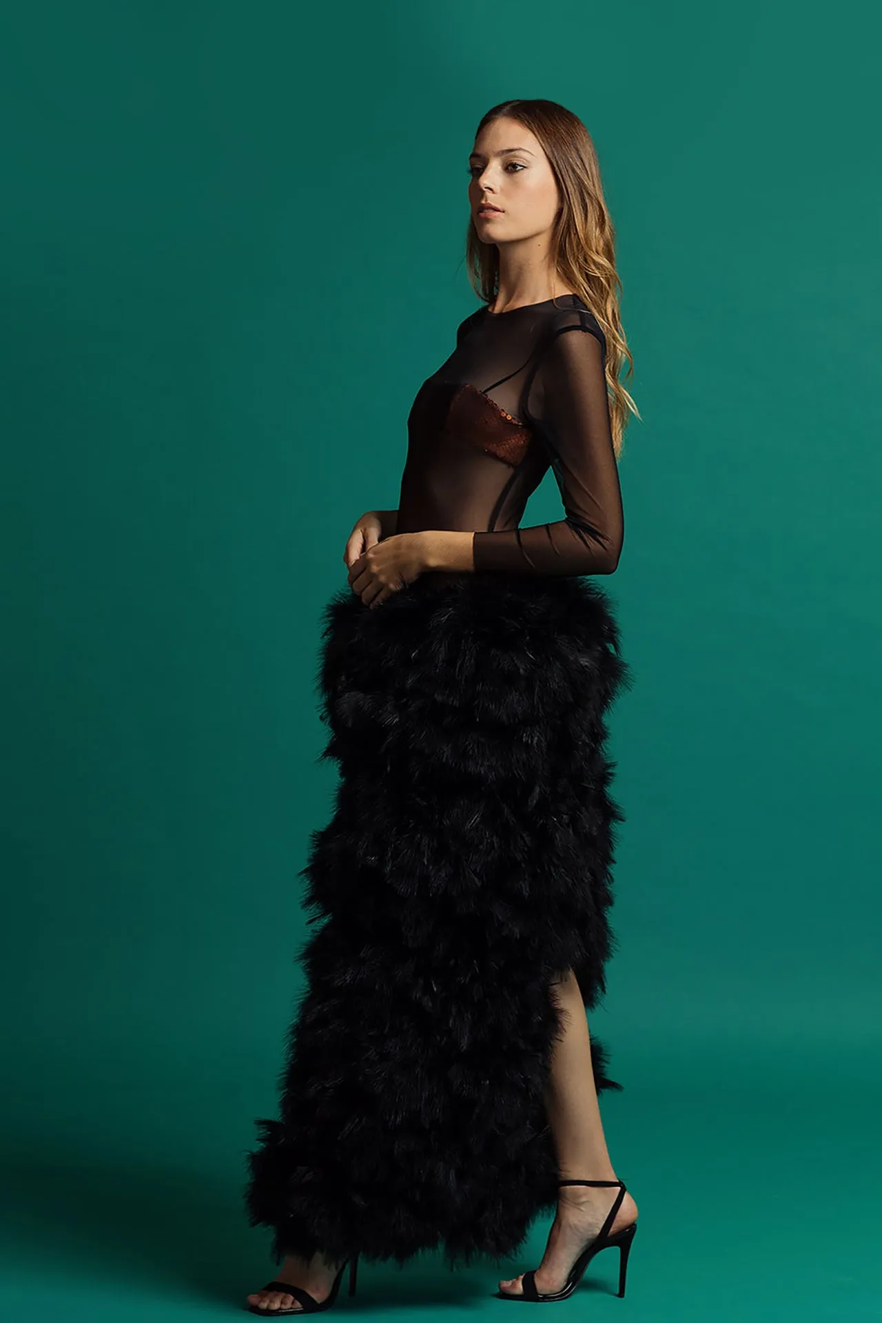 Long-Sleeved Feathered Dress