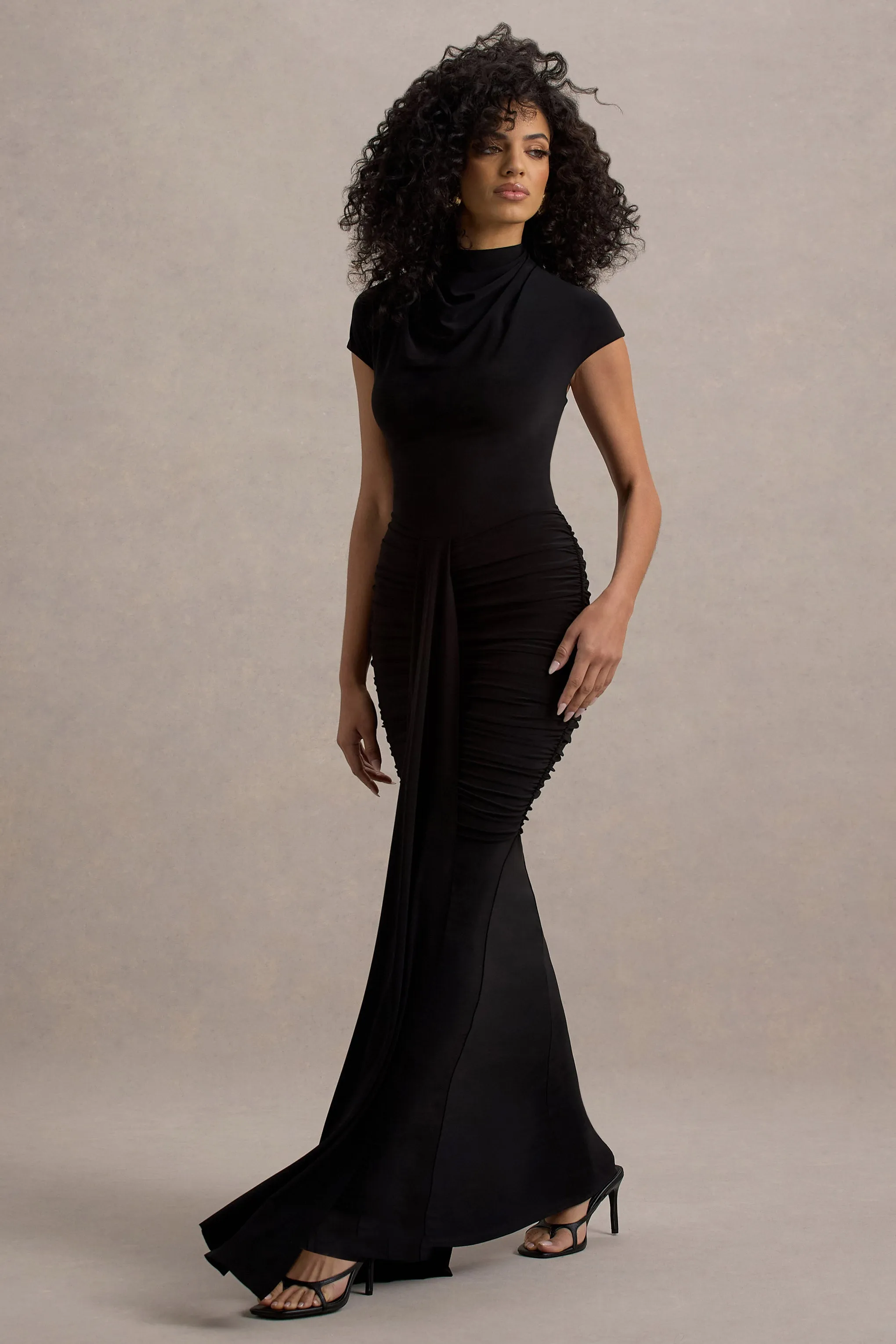 Lorenza | Black High-Neck Ruched Maxi Dress With Draped Skirt
