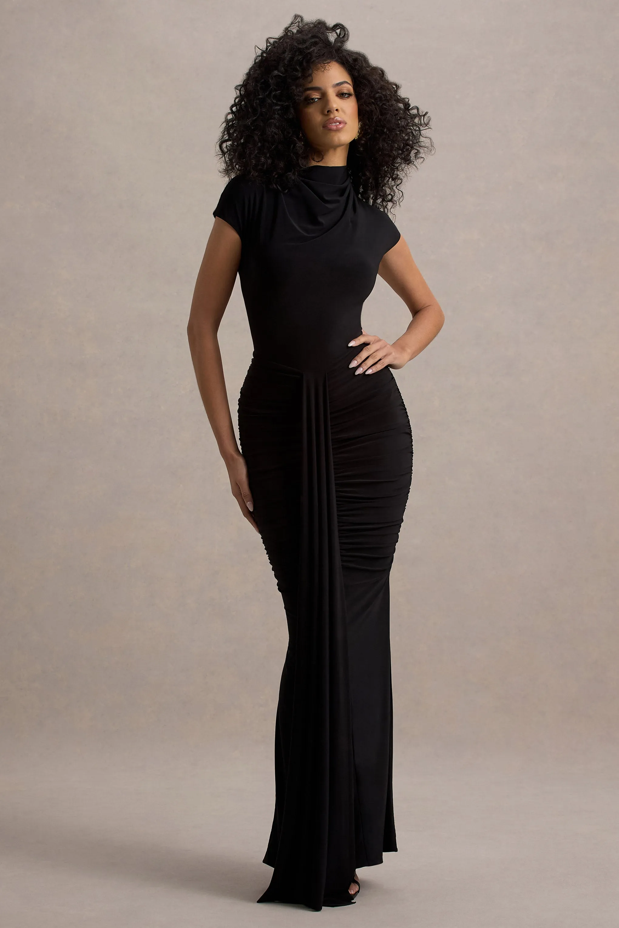 Lorenza | Black High-Neck Ruched Maxi Dress With Draped Skirt