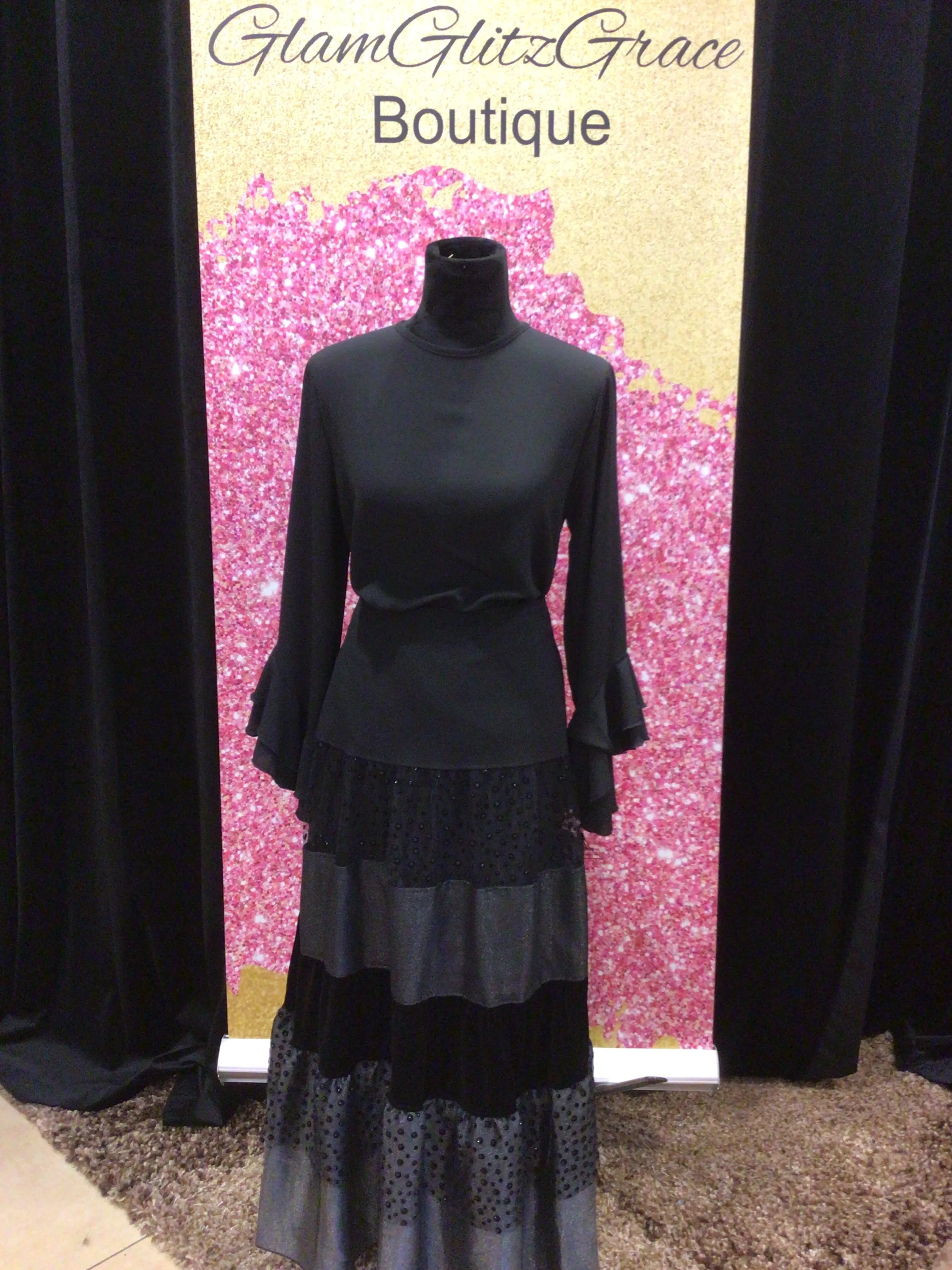 Maxi Black Skirt High Waisted Color Block Silver Dotted Gray Black
