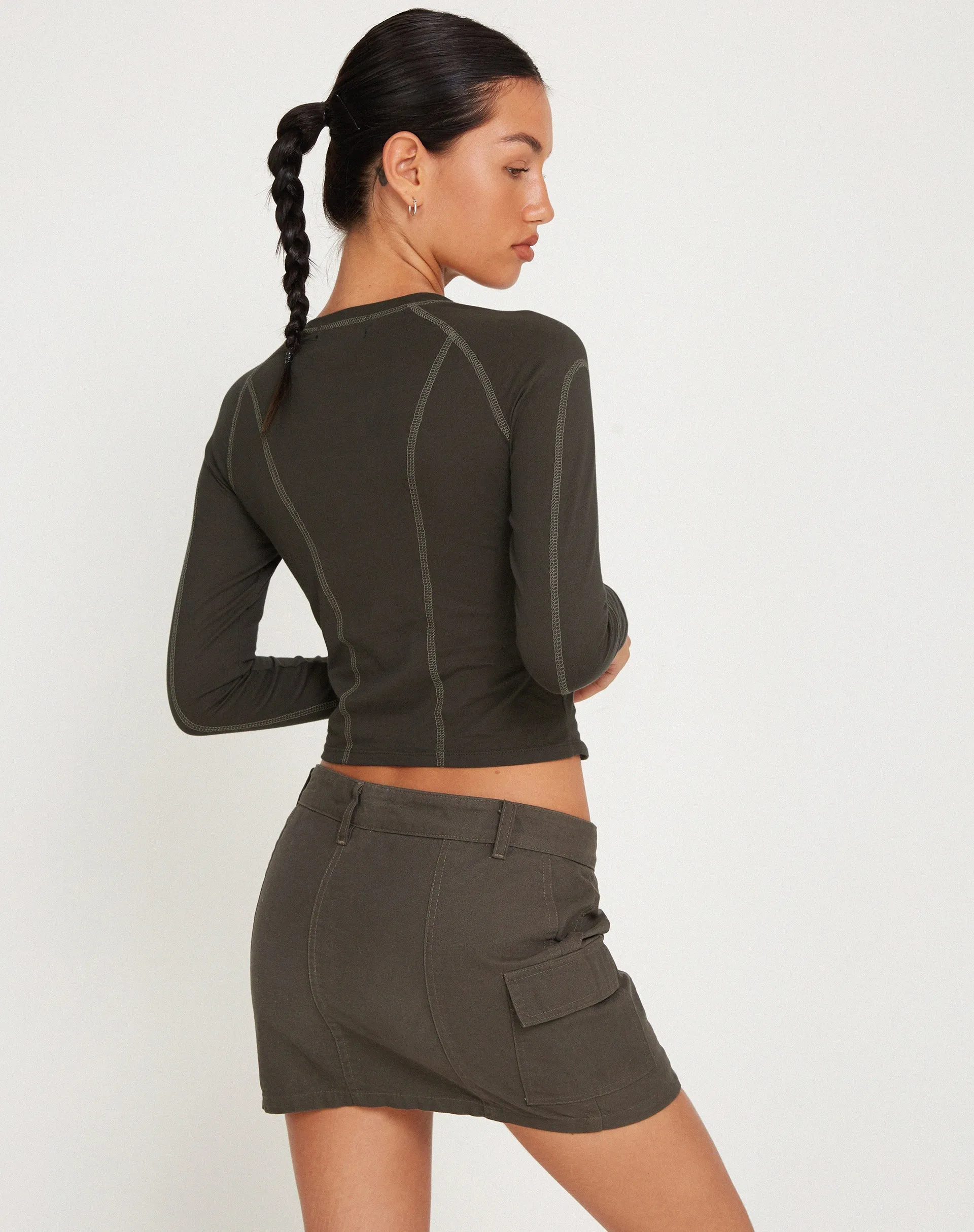 Megun Long Sleeve Top in Gunmetal with Grey Top Stitch