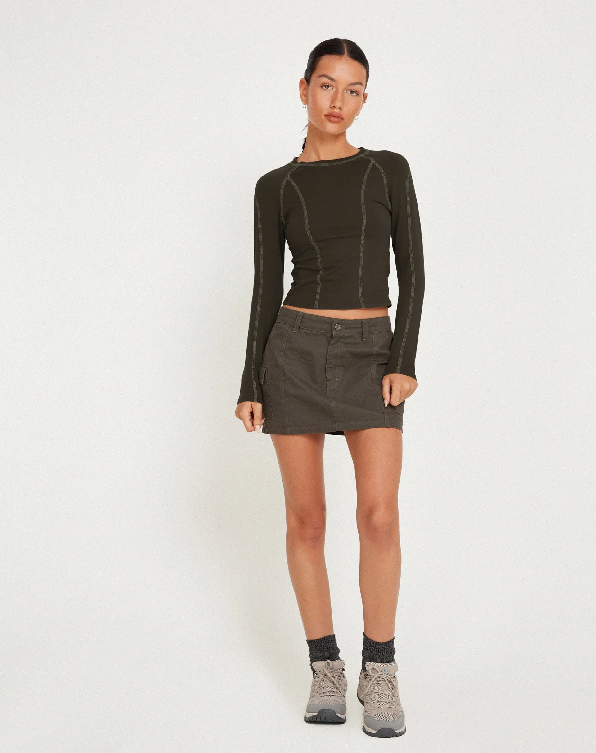 Megun Long Sleeve Top in Gunmetal with Grey Top Stitch