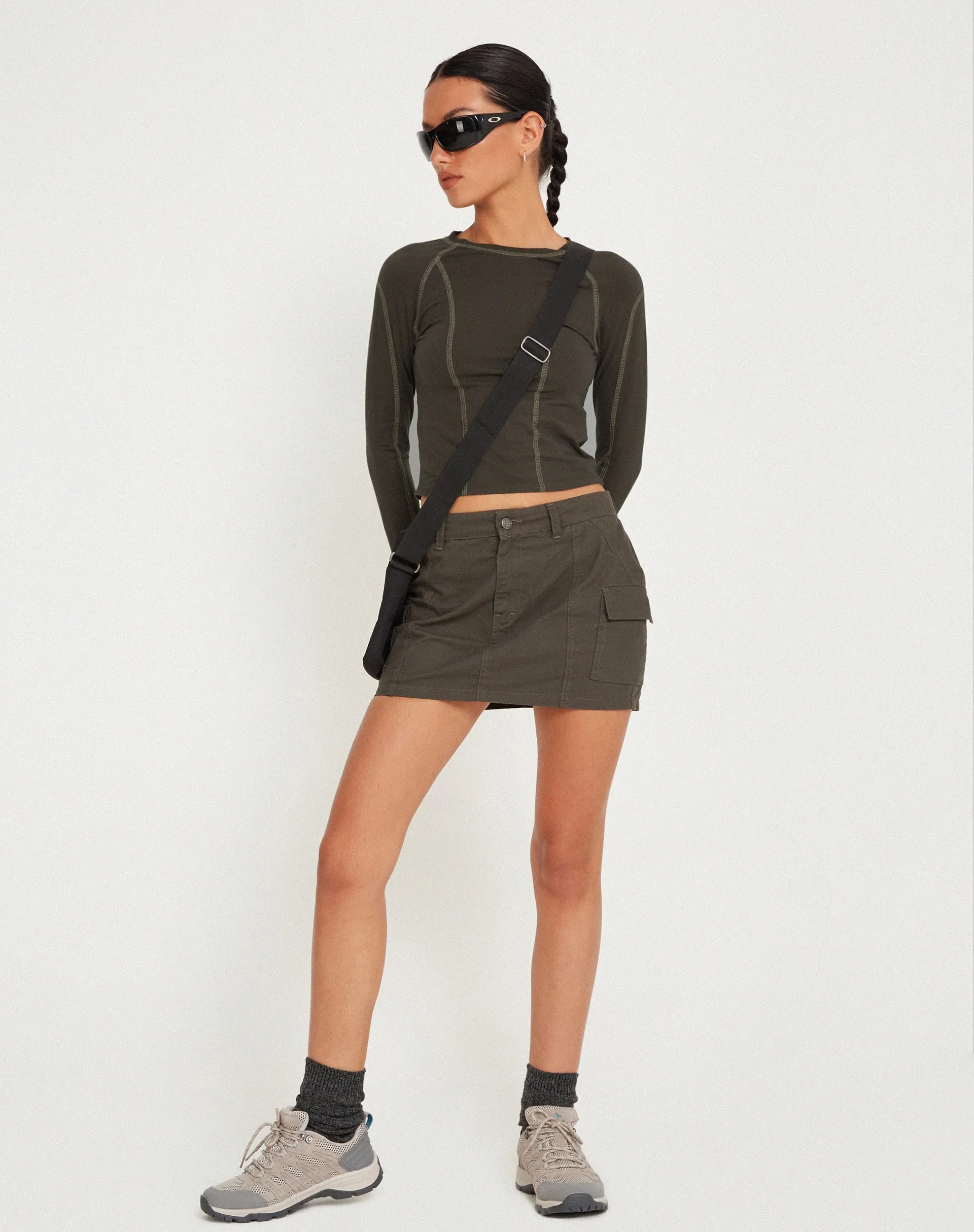 Megun Long Sleeve Top in Gunmetal with Grey Top Stitch