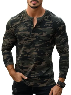 Men's Camouflage Print Henley Collar Button-Down Long Sleeve T-Shirt
