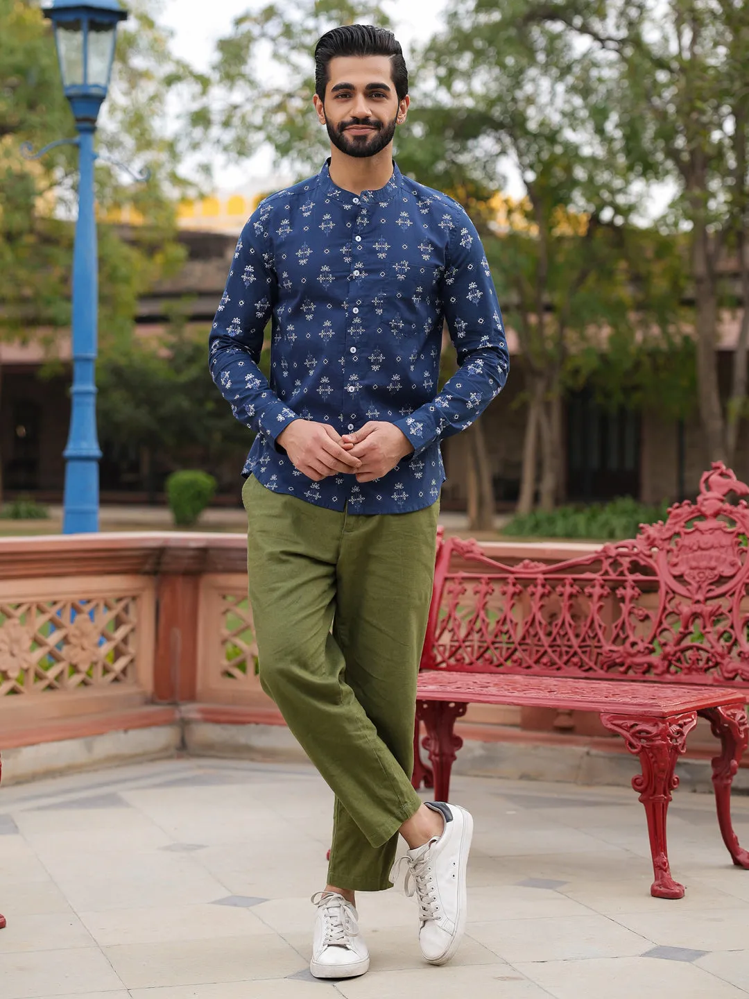 Men's Ethnic Print Pure Cotton Navy Blue Casual Shirt