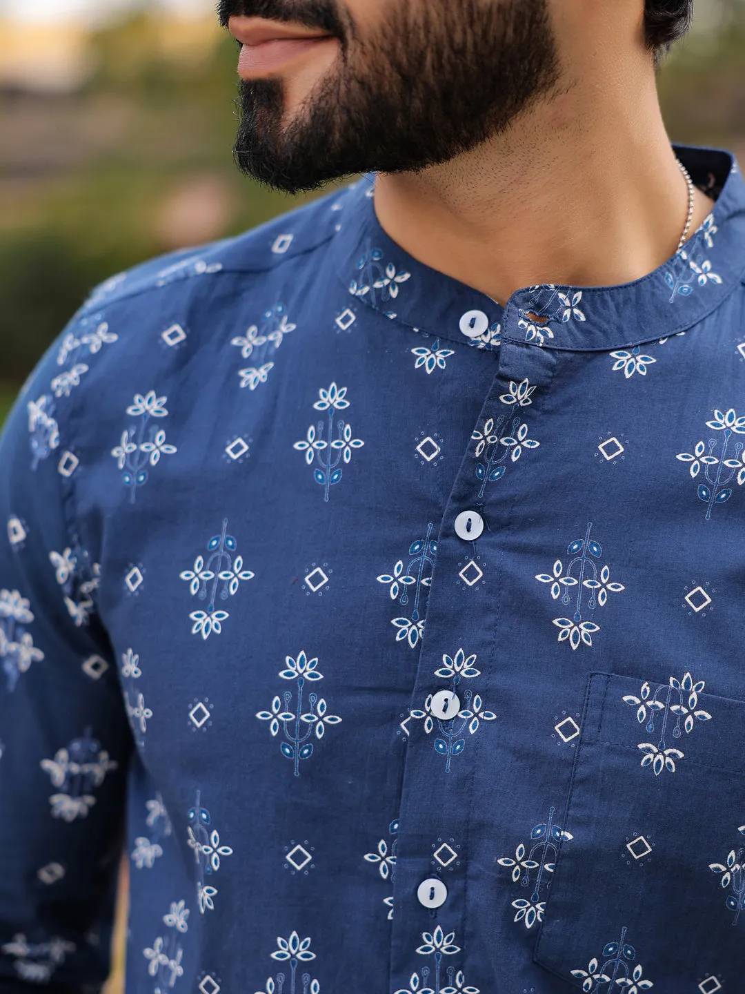 Men's Ethnic Print Pure Cotton Navy Blue Casual Shirt