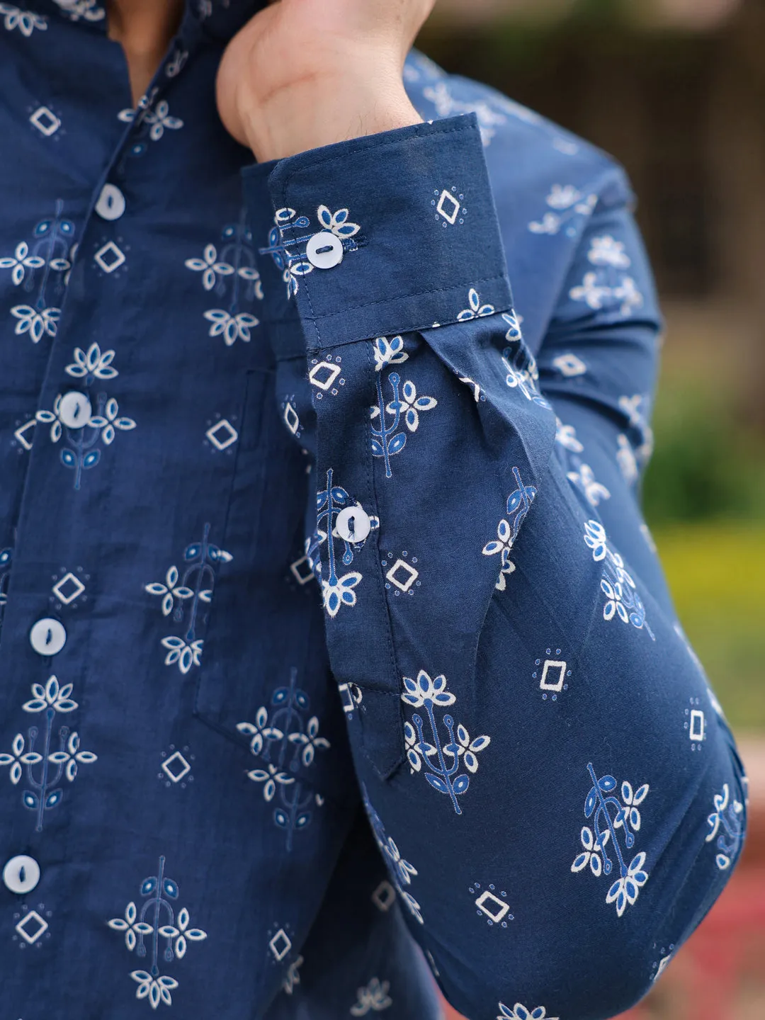 Men's Ethnic Print Pure Cotton Navy Blue Casual Shirt