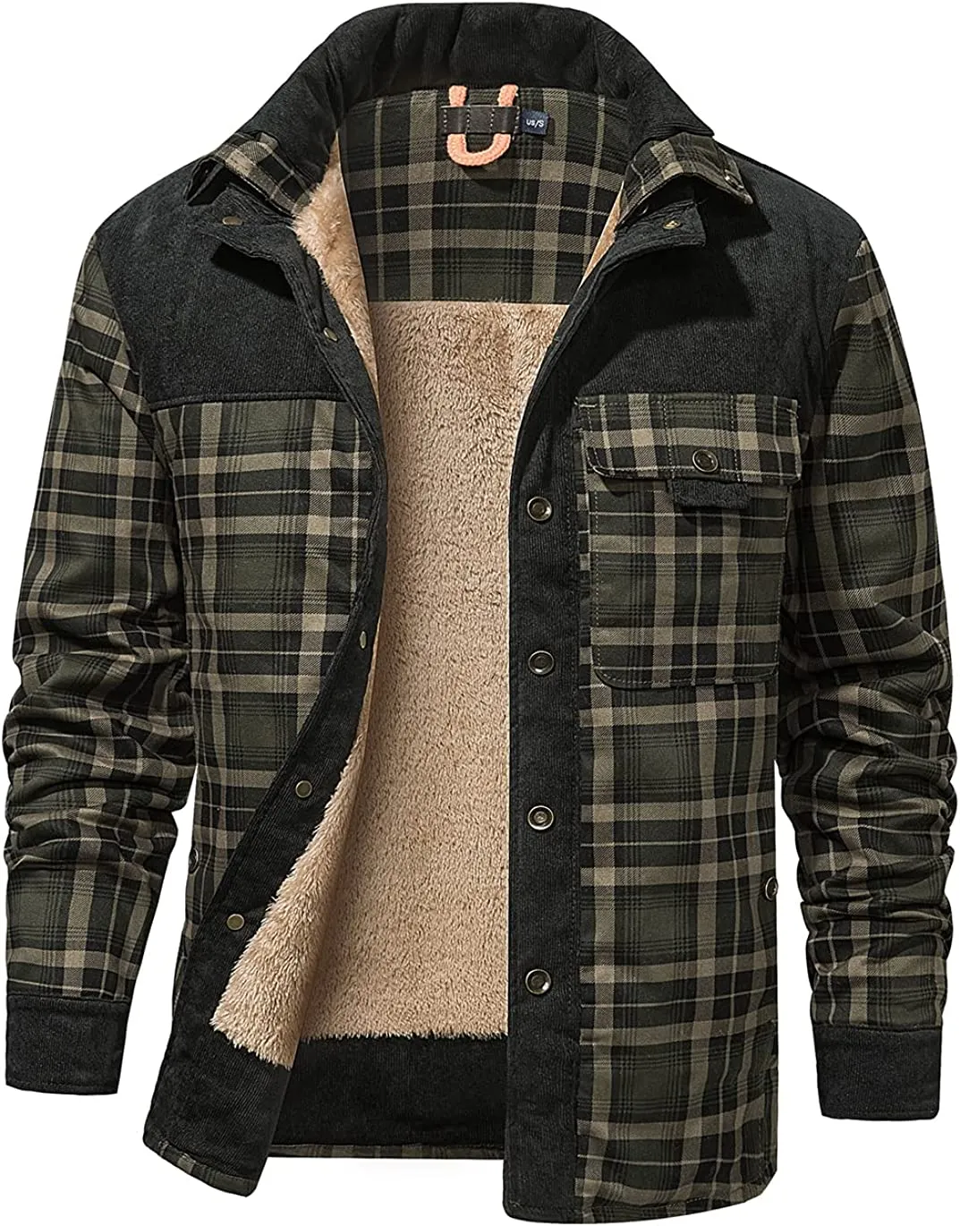 Men's Long Sleeve Sherpa Lined Shirt Jacket Flannel Plaid Fleece Coats