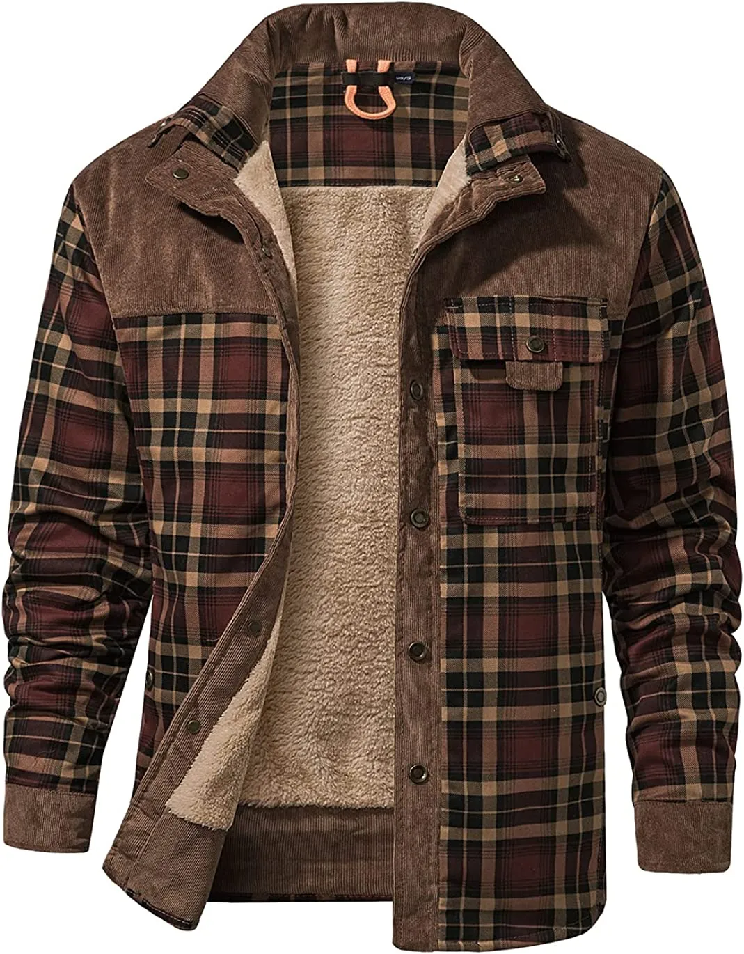 Men's Long Sleeve Sherpa Lined Shirt Jacket Flannel Plaid Fleece Coats
