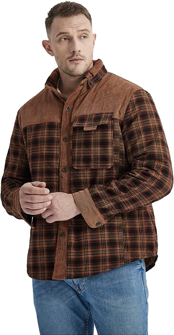 Men's Long Sleeve Sherpa Lined Shirt Jacket Flannel Plaid Fleece Coats