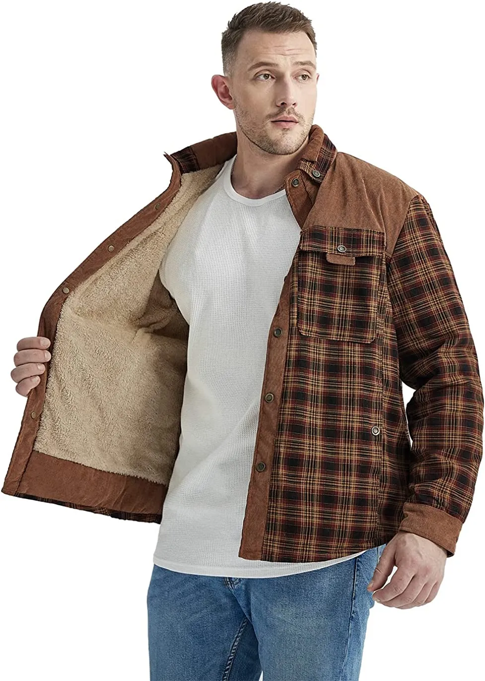 Men's Long Sleeve Sherpa Lined Shirt Jacket Flannel Plaid Fleece Coats