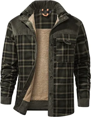 Men's Long Sleeve Sherpa Lined Shirt Jacket Flannel Plaid Fleece Coats