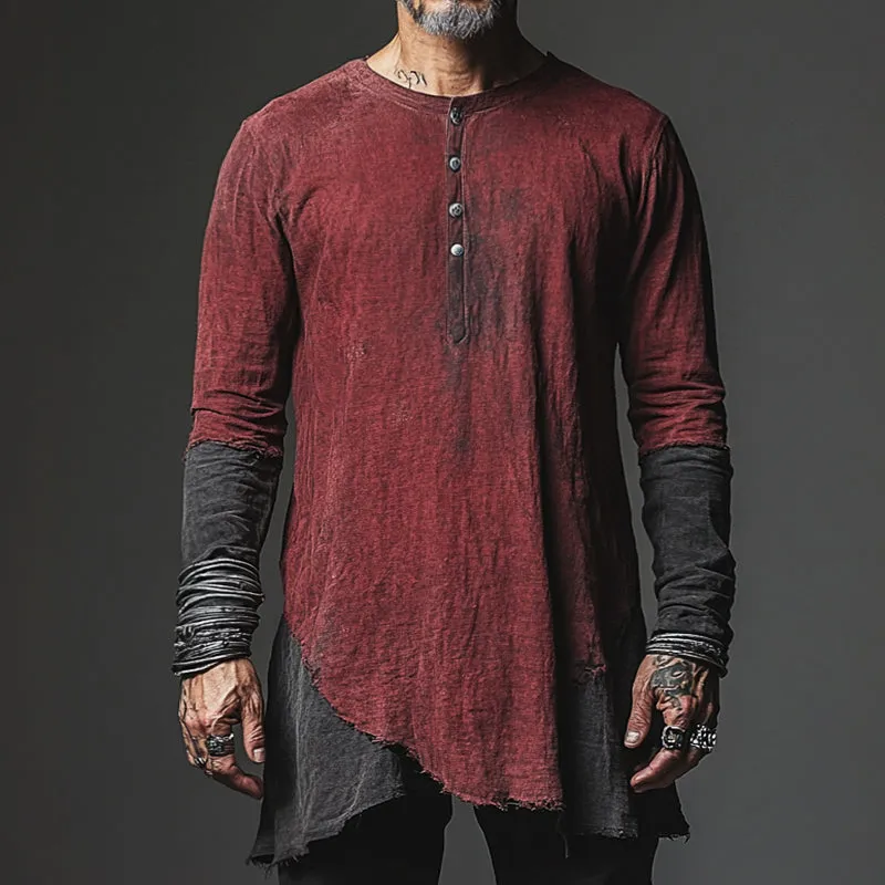 Men's Vintage Casual Distressed Henley Collar Long Sleeve Shirt 09361874TO