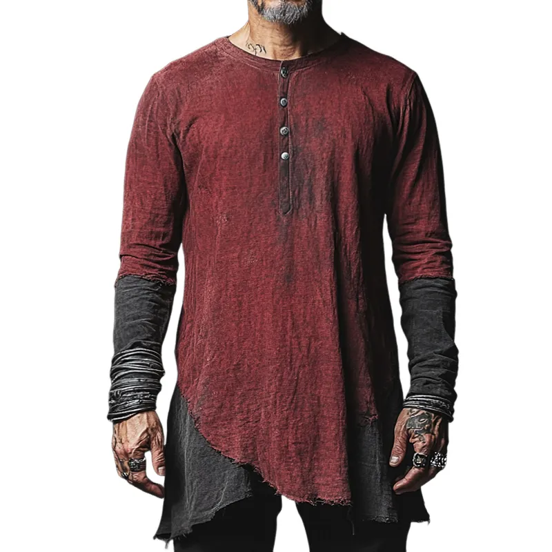 Men's Vintage Casual Distressed Henley Collar Long Sleeve Shirt 09361874TO