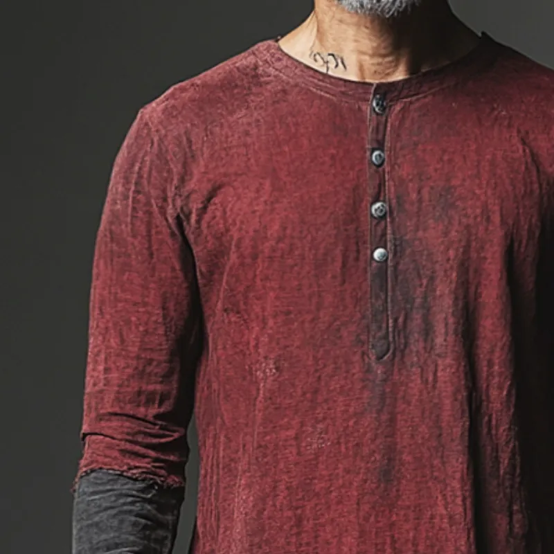 Men's Vintage Casual Distressed Henley Collar Long Sleeve Shirt 09361874TO