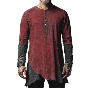 Men's Vintage Casual Distressed Henley Collar Long Sleeve Shirt 09361874TO
