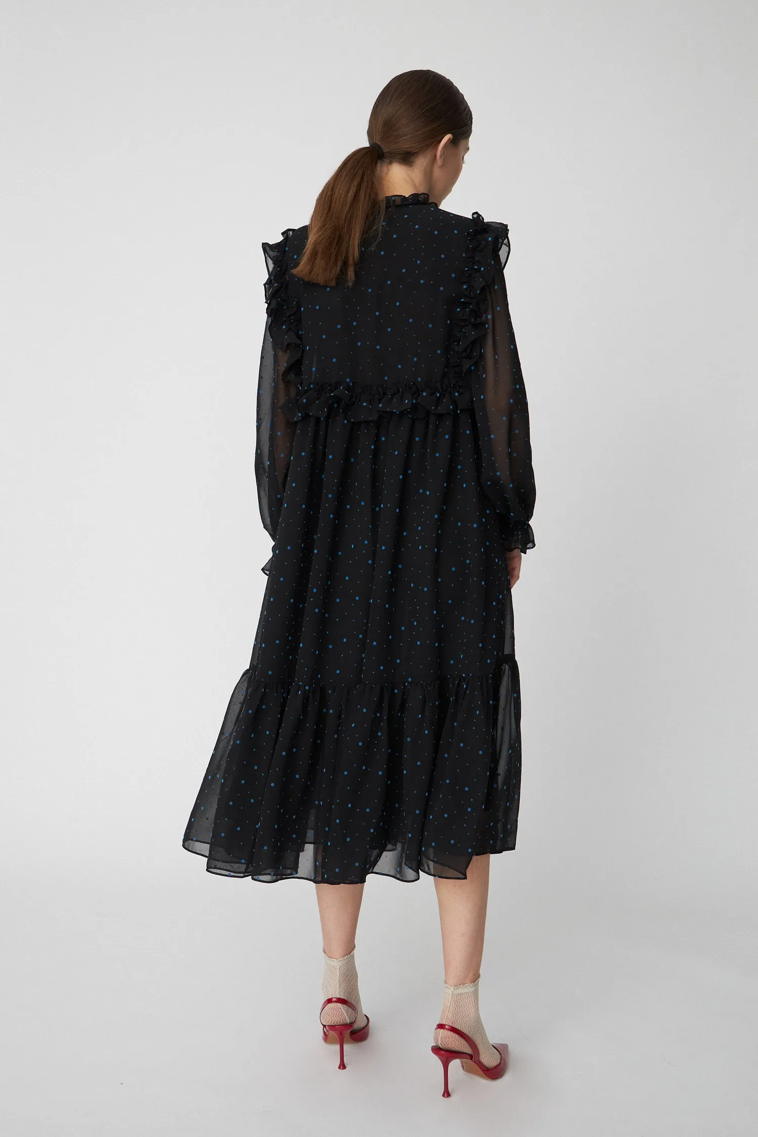 Midi Flock Printed Flounce Dress - Black/Blue