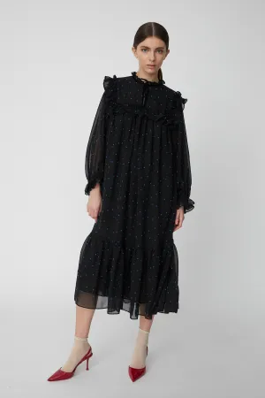 Midi Flock Printed Flounce Dress - Black/Blue