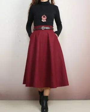 Midi skirt, Winter skirt, Wool skirt with belt, custom made skirt, black skirt (Q2143)