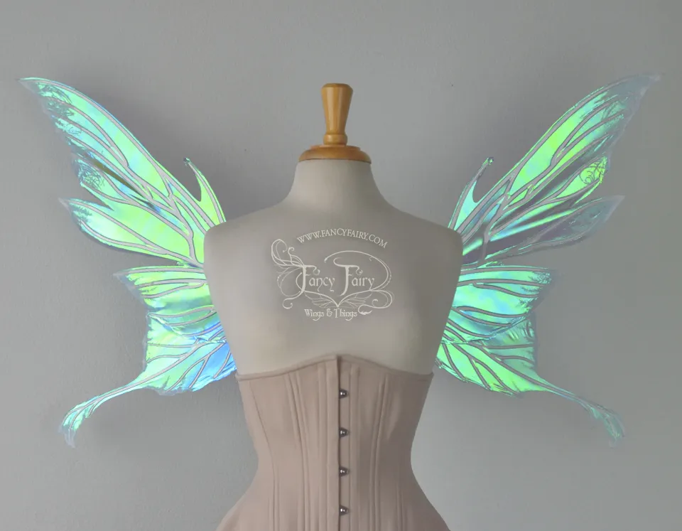 Morgana Iridescent Fairy Wings in Aquamarine with Pearl Veins and Glittered Flocking