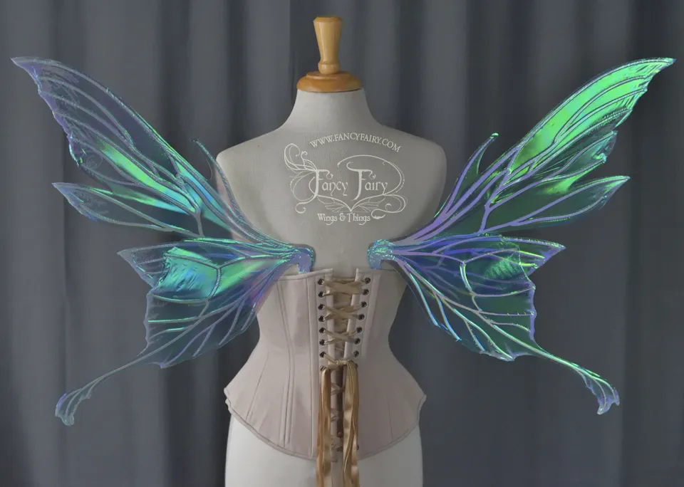 Morgana Iridescent Fairy Wings in Aquamarine with Pearl Veins and Glittered Flocking