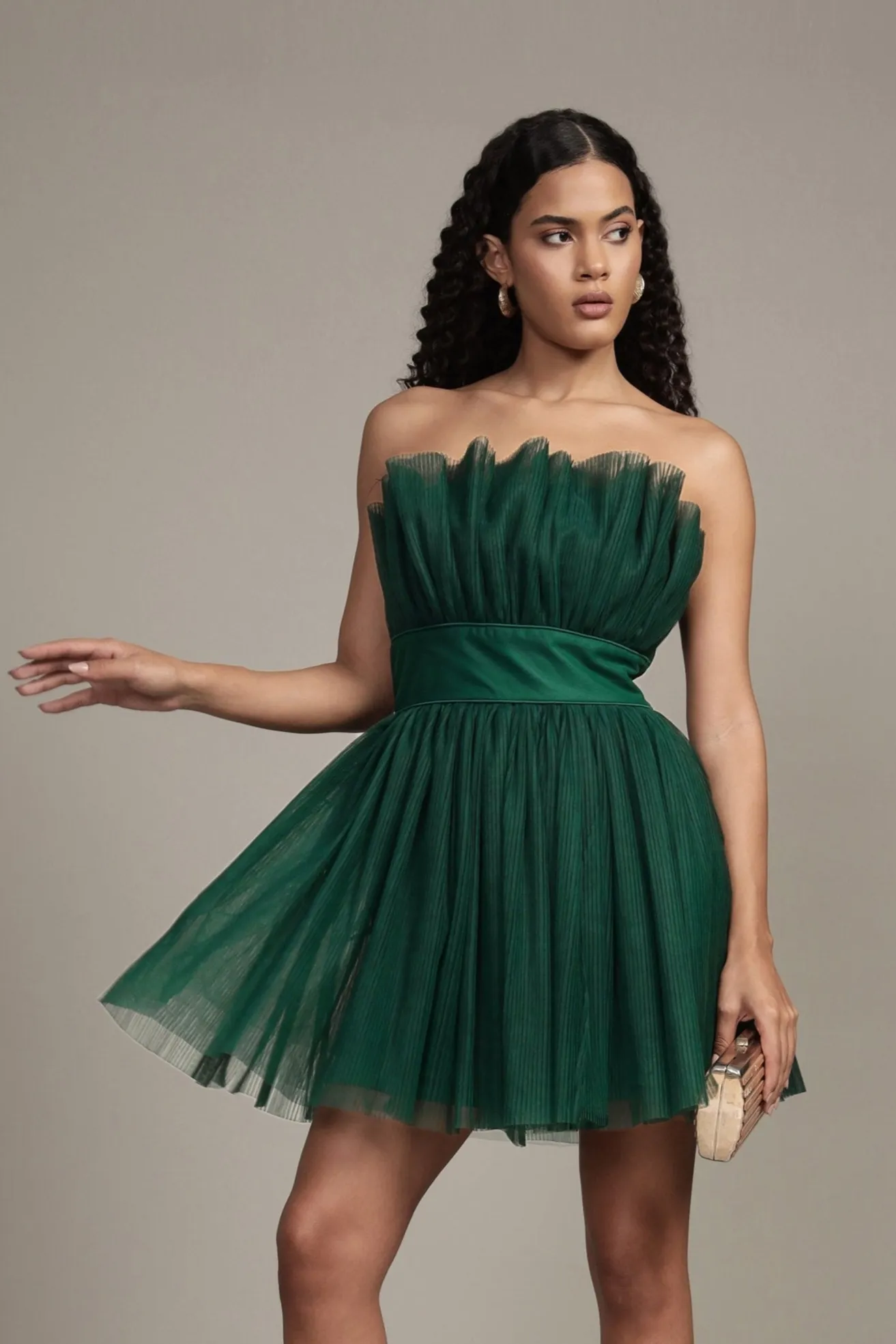 Nanita Pleated Mini Dress in Emerald Green