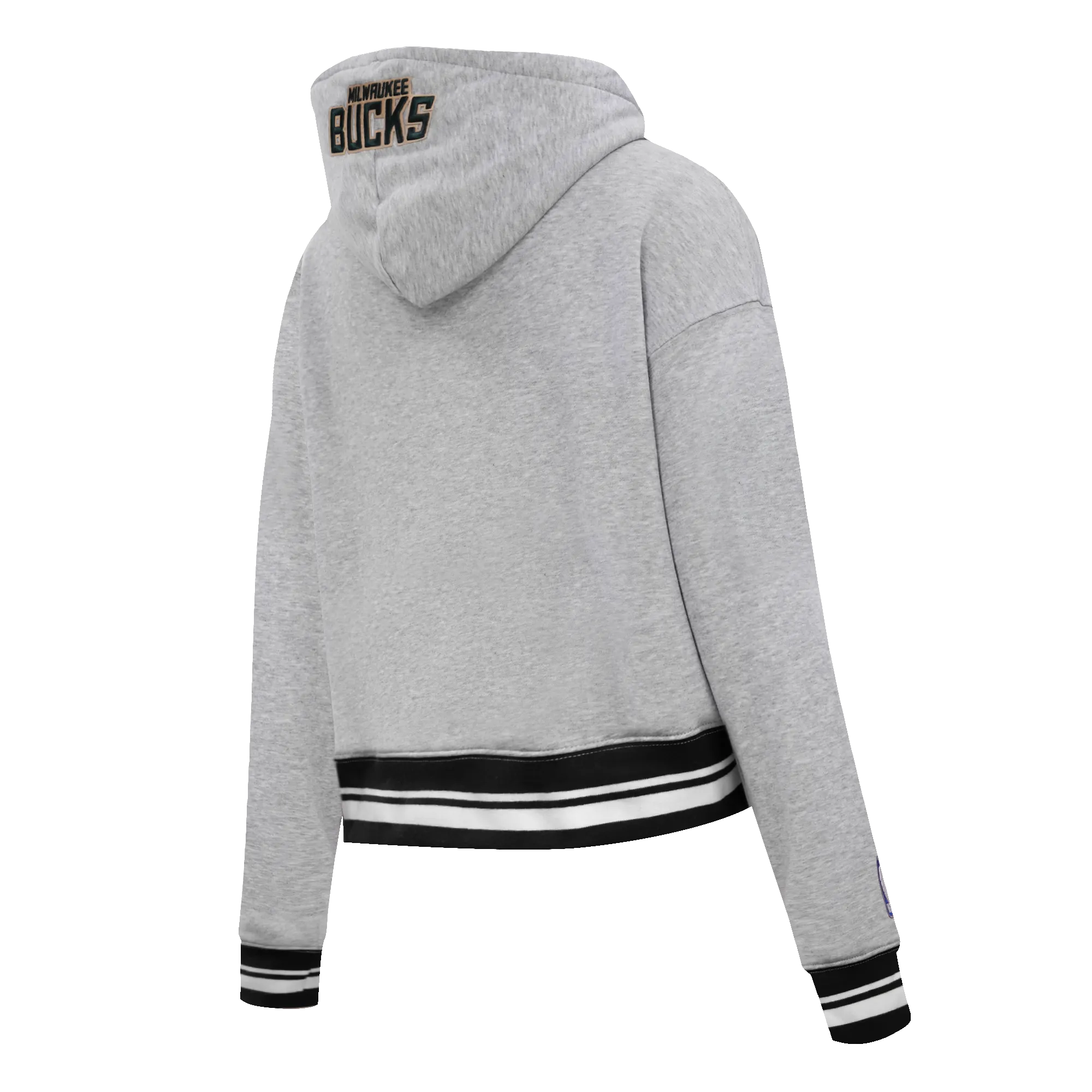 NBA MILWAUKEE BUCKS SCRIPT TAIL WOMEN'S RIB FLC CROPPED PO HOODIE (HEATHER GRAY/BLACK)