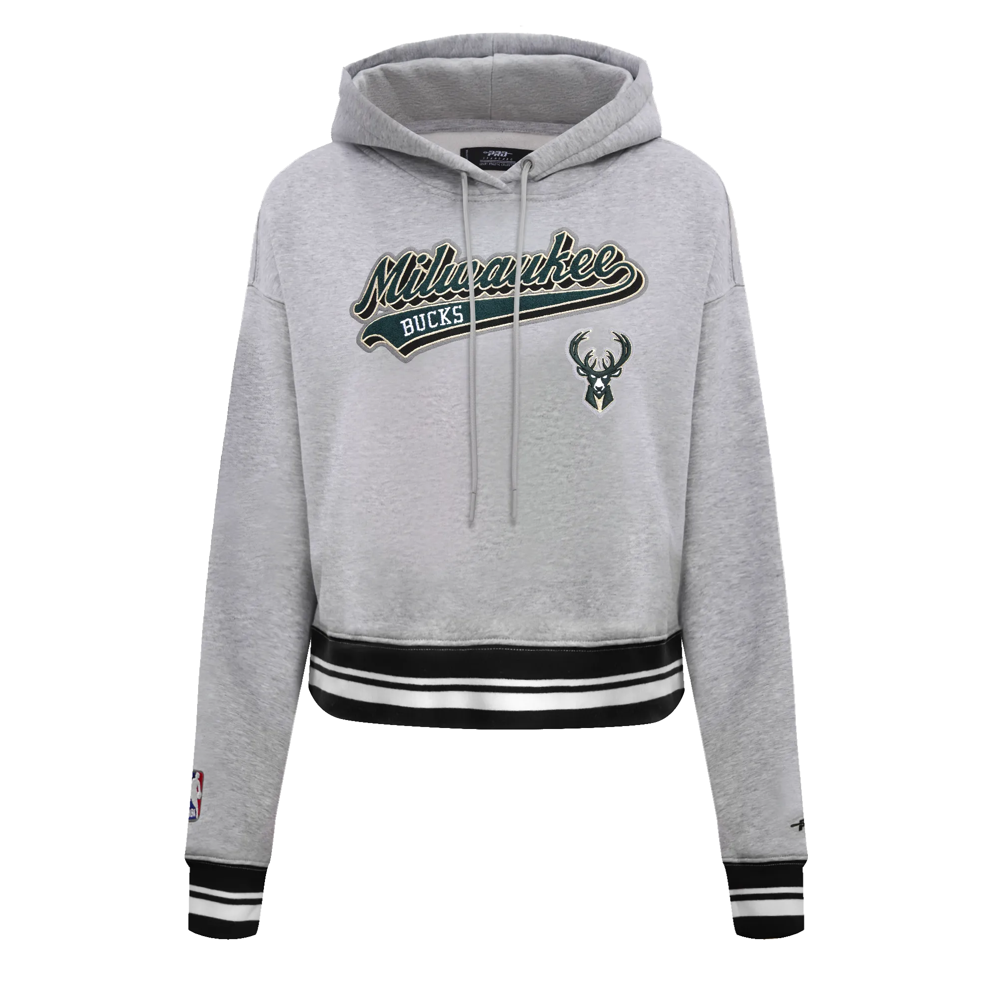 NBA MILWAUKEE BUCKS SCRIPT TAIL WOMEN'S RIB FLC CROPPED PO HOODIE (HEATHER GRAY/BLACK)