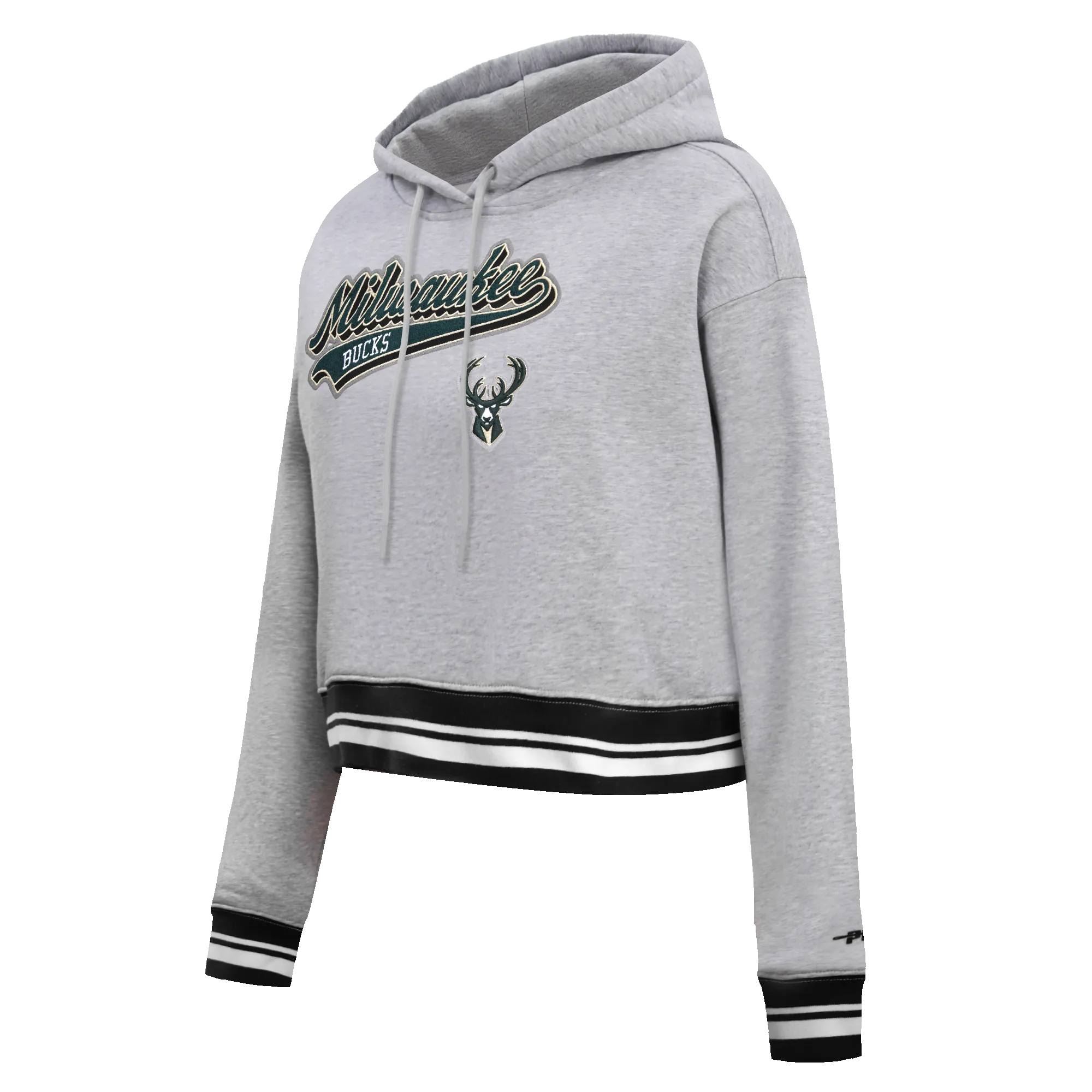 NBA MILWAUKEE BUCKS SCRIPT TAIL WOMEN'S RIB FLC CROPPED PO HOODIE (HEATHER GRAY/BLACK)